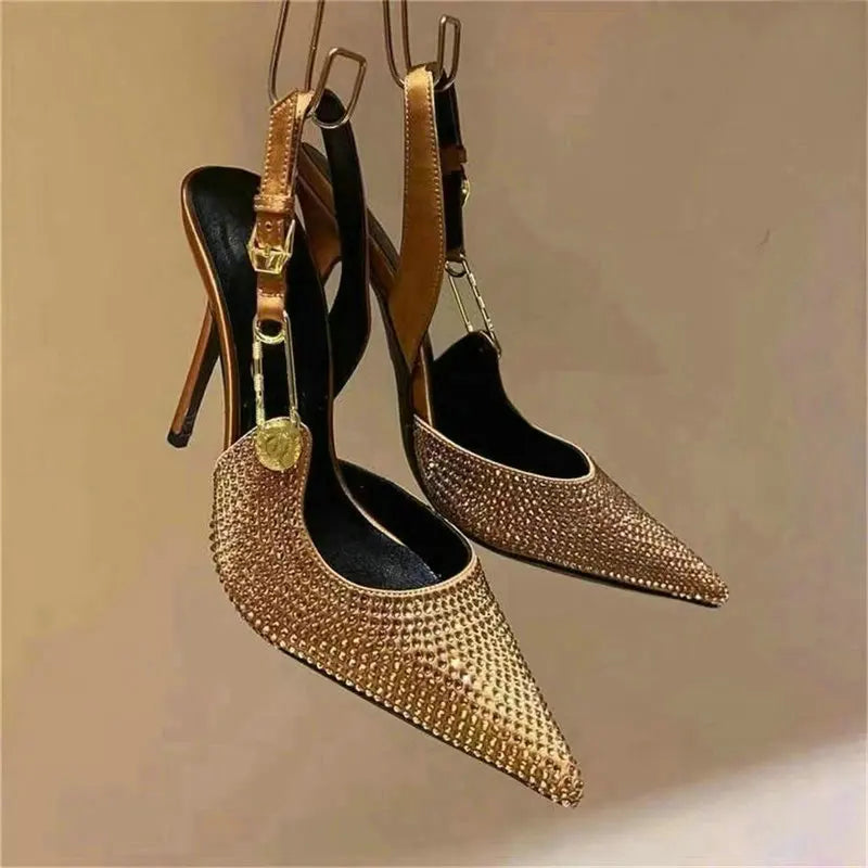 Bling Diamond High Heels Women 2025 Spring Pumps New Pointy Head After Empty Sexy Metal Girl Temperament Baotou French Sandals