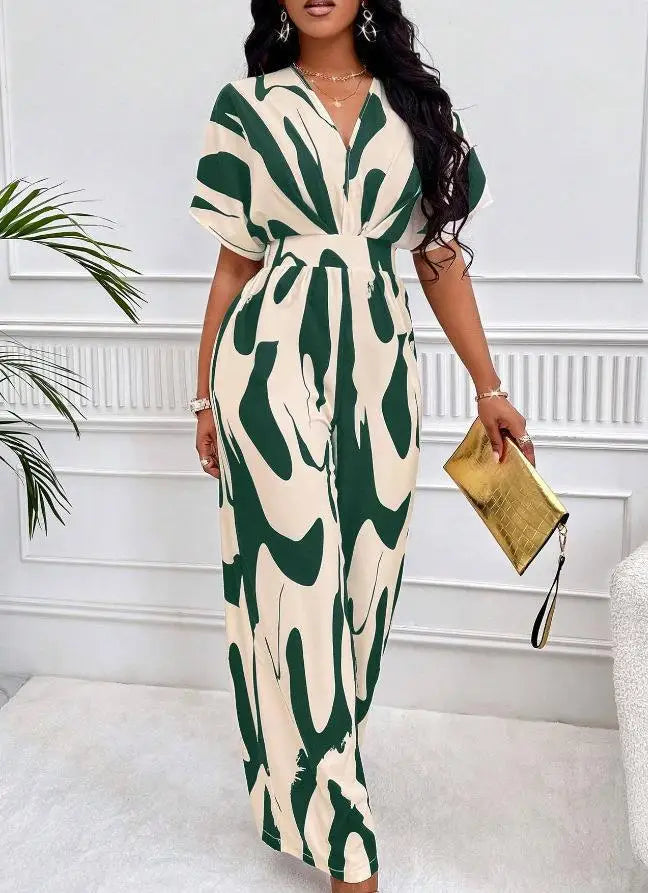 2024 Women Autumn Fashion Leopard Print Sexy V-neck Casual Horn Sleeve Elastic Waist Loose Comfortable Jumpsuit Jumpsuit Women