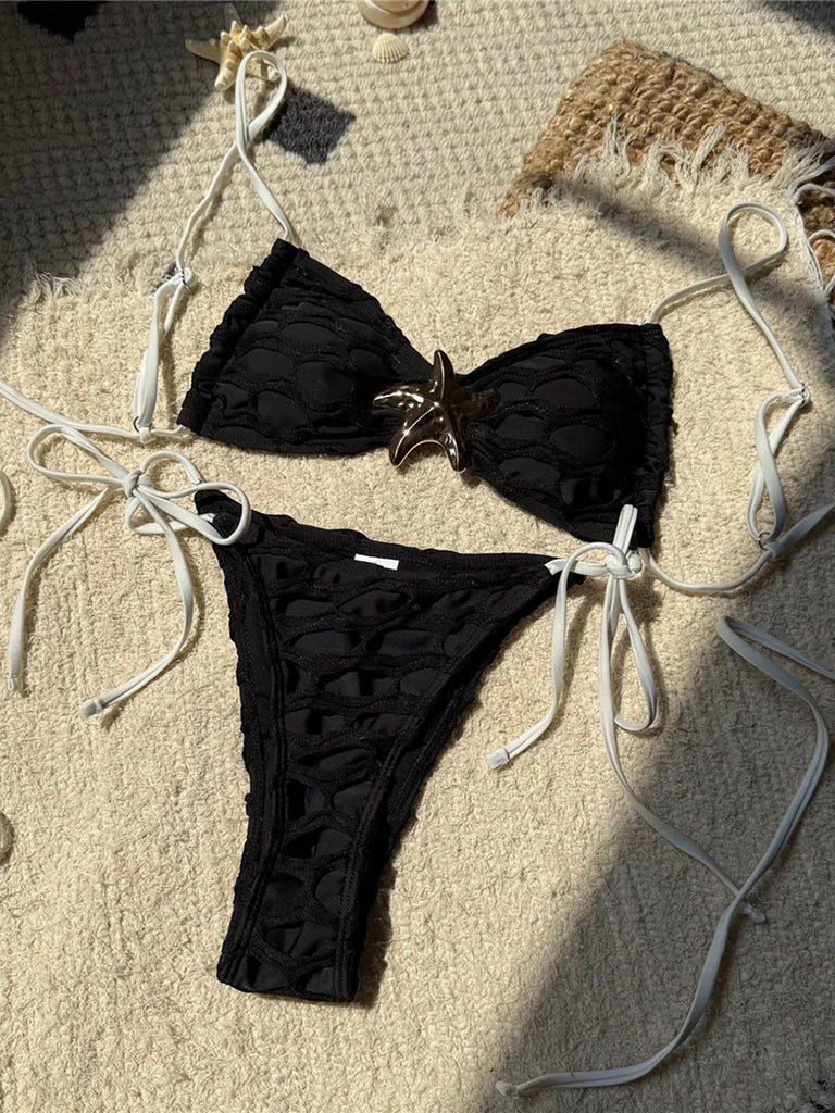 Women’s Metal Star High‑Cut Strappy Bikini – Sexy Two‑Piece Backless Swimsuit V6817