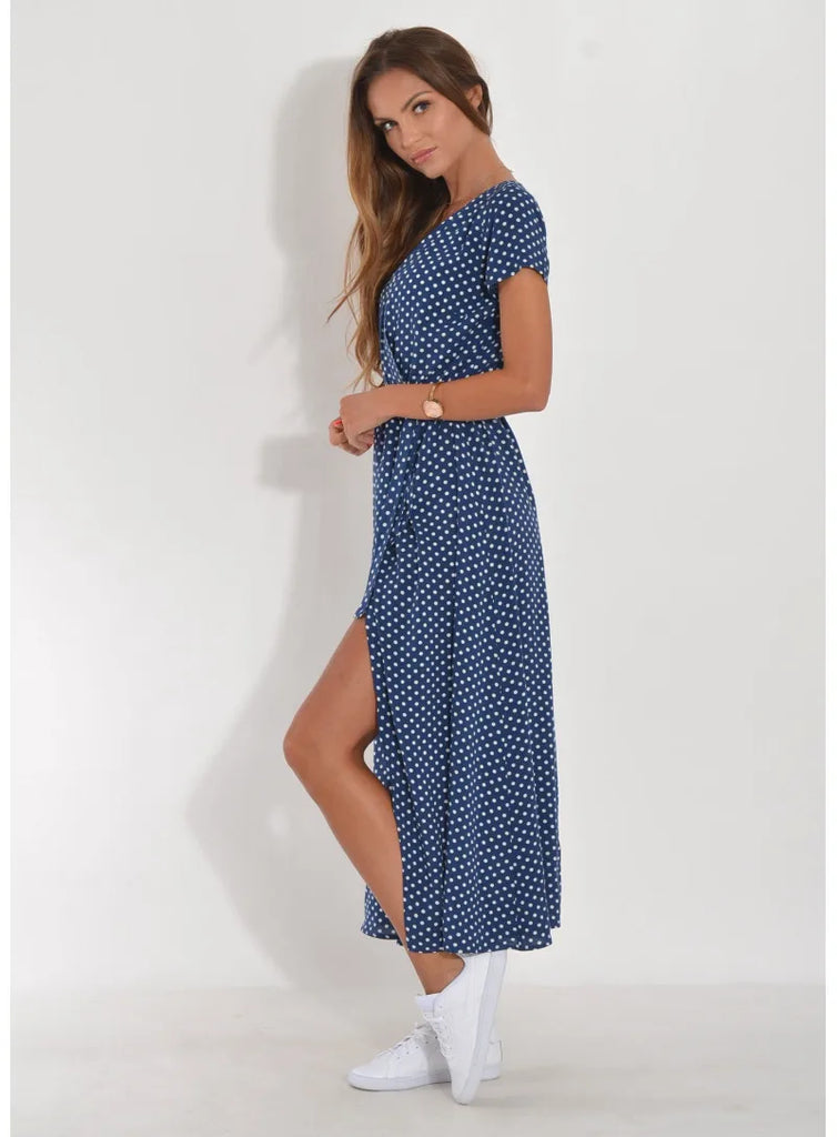 Summer Polka Dot Split Hem Long Dress Women 2023 New Fashion V Neck Print Sundress Vestidos Short Sleeved Waisted Lace-up Dress