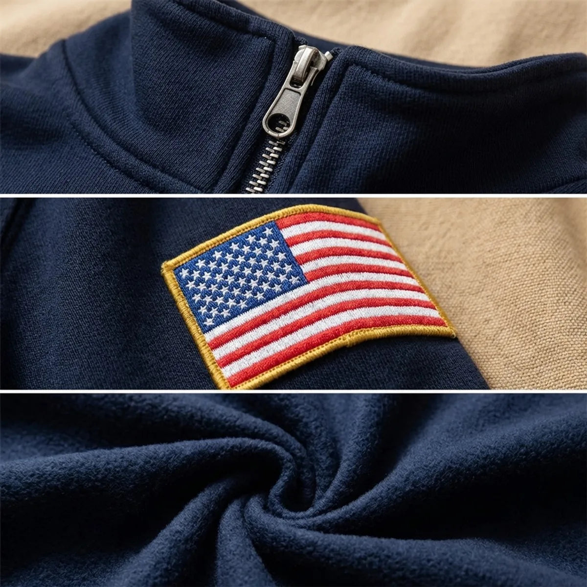 Y2K American Flag Embroider Hoodies Quarter Zip Sweatshirts Men Navy Blue White Pullover Patch Sleeve Streetwear Casual Sweater