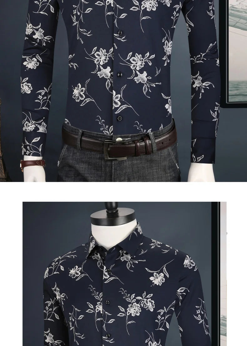Men Long Sleeve Floral Print Shirt Brand Casual Fashion Button Up Printed Flower Shirts Dress Men Slim Fit Thin Clothing