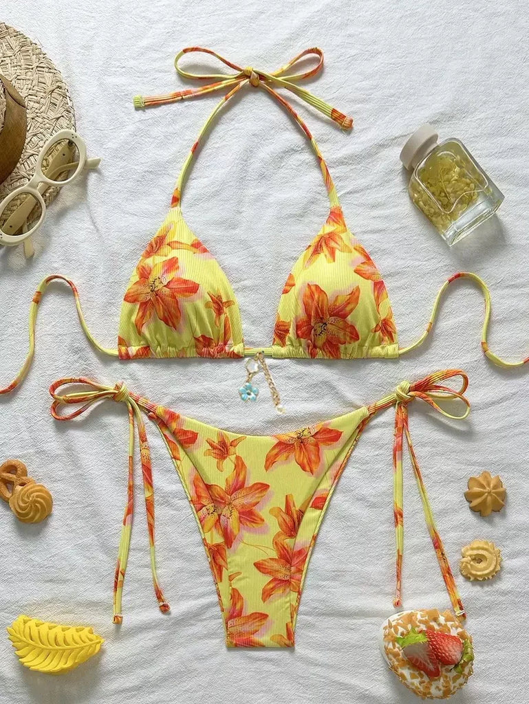 Floral Print Tie Side Bikini Set Women Sexy Trendy Cute Yet Sultry Premium Two Piece Swimsuit for Beach Hot Spring Vacation