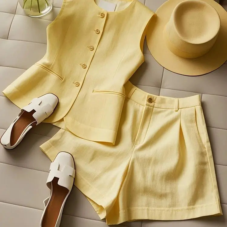 Xgoth Summer Fashion High end Yellow Vest High Waist Shorts Set Loose Casual Solid Color Commuter Two Piece Set Women Outfits