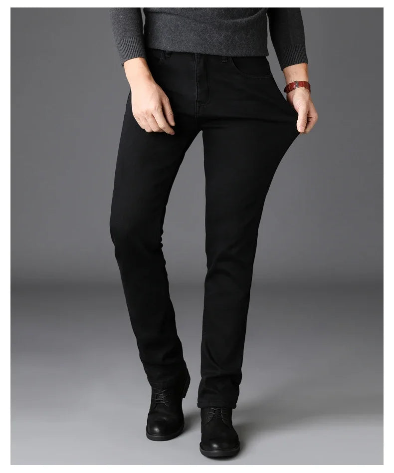 Men’s Stretch Black Biker Jeans – Classic Spring/Autumn Soft Denim Pants | Fashion Slim/Regular Fit Trousers