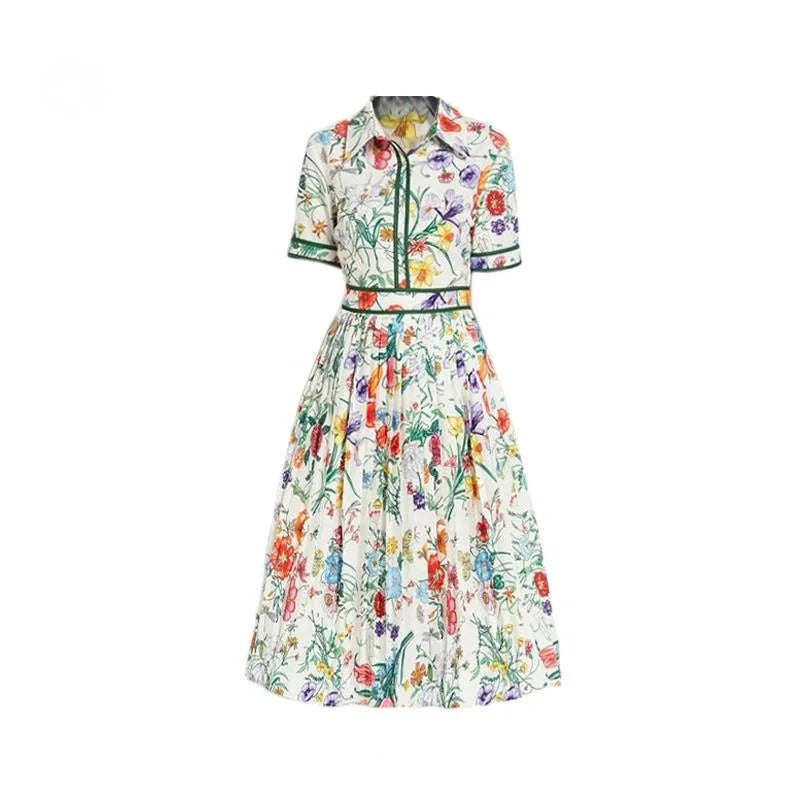 JAMERARY Runway Design Fashion Floral Print Elegant Summer Pleated Midi Long Dress Shirt Street Casual Lady Office Work Dresses