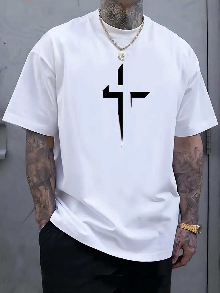 Men’s 100% Cotton Cross‑Print T‑Shirt – Loose Plus‑Size Summer Sports Tee | Comfortable Round‑Neck Casual Top