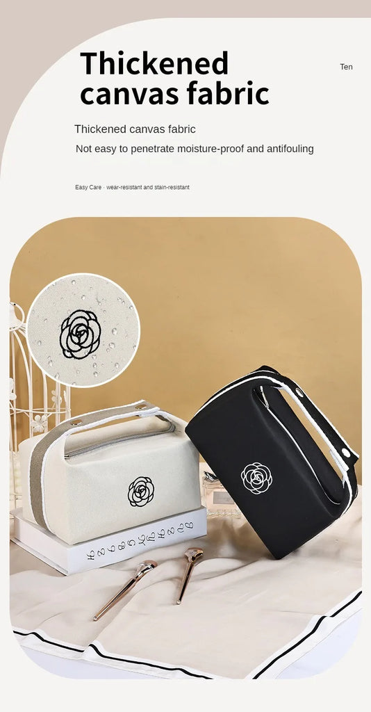 Premium Handheld Camellia Canvas Makeup Bag – Large‑Capacity Travel Toiletry & Skincare Organizer