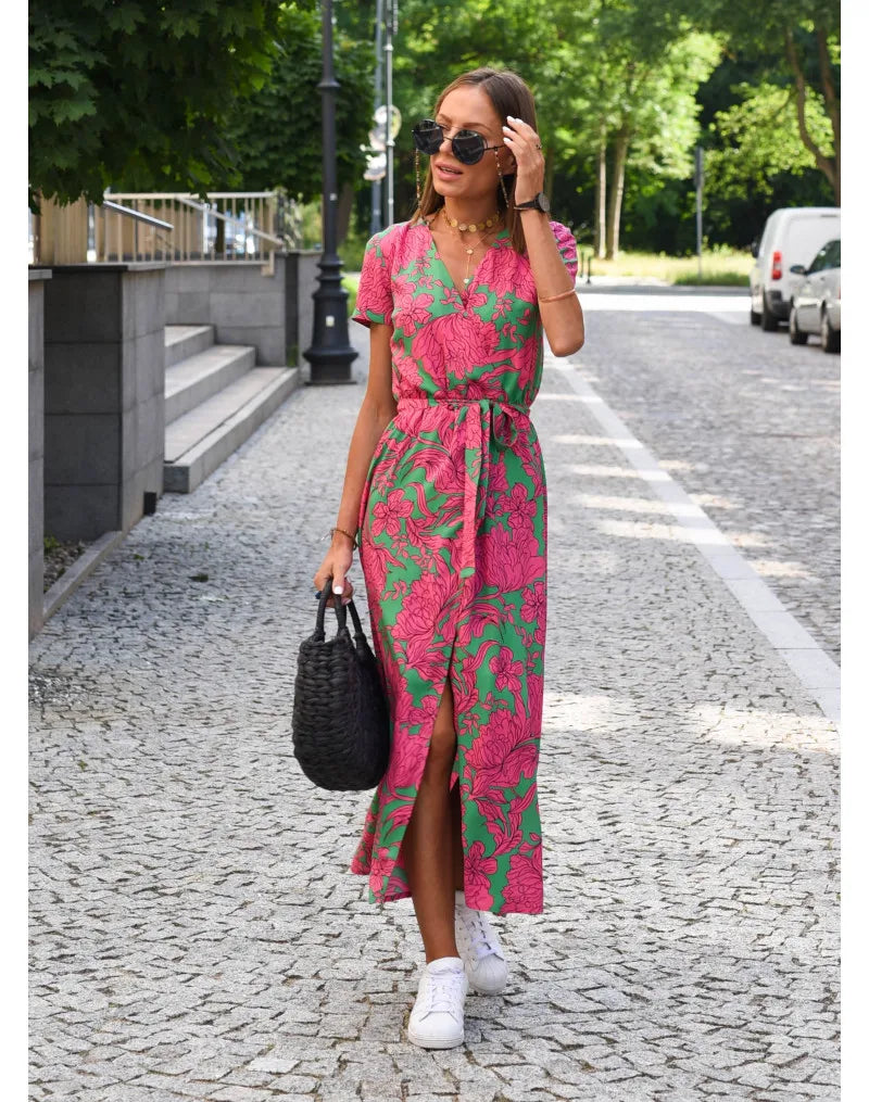 Summer Polka Dot Split Hem Long Dress Women 2023 New Fashion V Neck Print Sundress Vestidos Short Sleeved Waisted Lace-up Dress