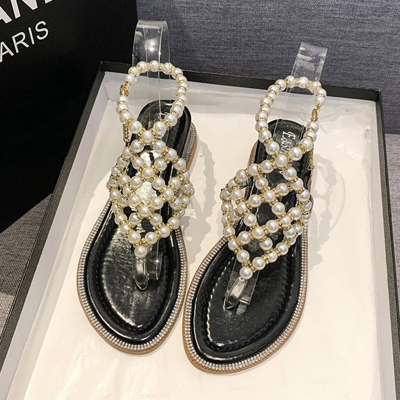 Beaded Clip Toe Women Sandals Beach Flip Flops Shoes Summer Dress Slippers Designer 2024 New Casual Mid Heels Pumps Mujer Slides