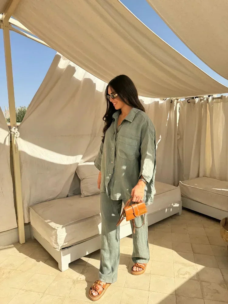 Women Vintage Solid Loose Pants Suit Lapel Single Breasted Long Sleeve Shirt Wide Leg Pants 2 Pcs Set 2024 New Ladies Streetwear