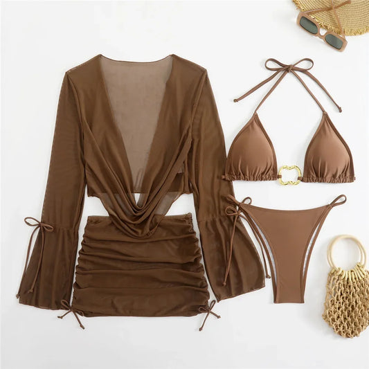 Women’s Brown Halter String Triangle Bikini Set — 4‑Piece Mesh Smock Cover‑Up Swimwear with Metal Ring Details