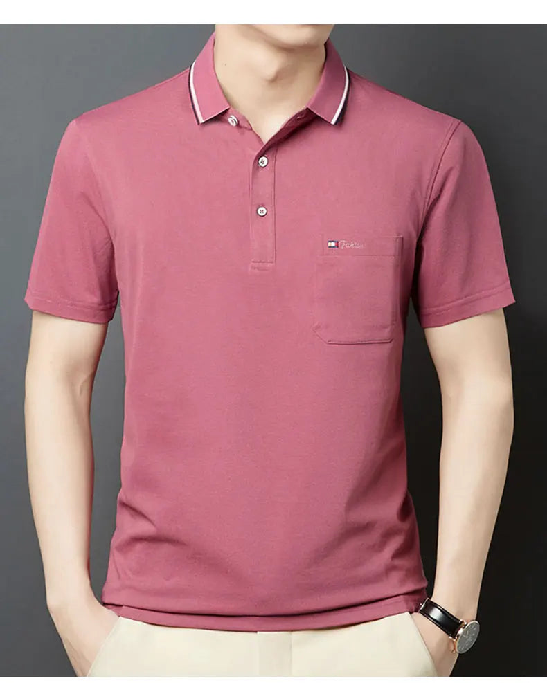 Top Grade Summer Short Sleeve Korean New Fashion Cotton Soft Pure Color Lapel Slim Fit Casual Tops Men's pocket Polo Shirts