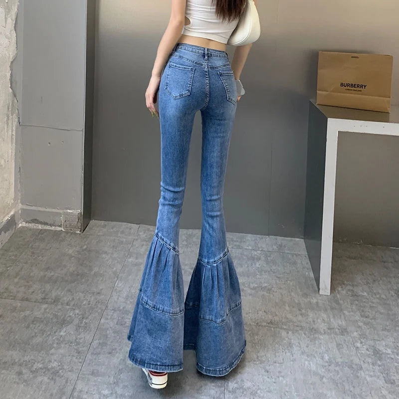 Flare Jeans Women Pant Fringed Tassels Split Slim Jeans Ladies Stretchy Pants High Waist Denim Pants s1140