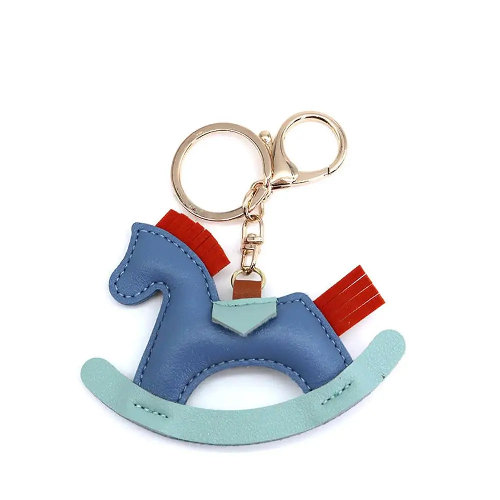Cartoon Pony Rocking Horses Keyring Women Leather Charms Bag Pendant KeyChain Cute Animal Ornament Accessories Decoration Gift