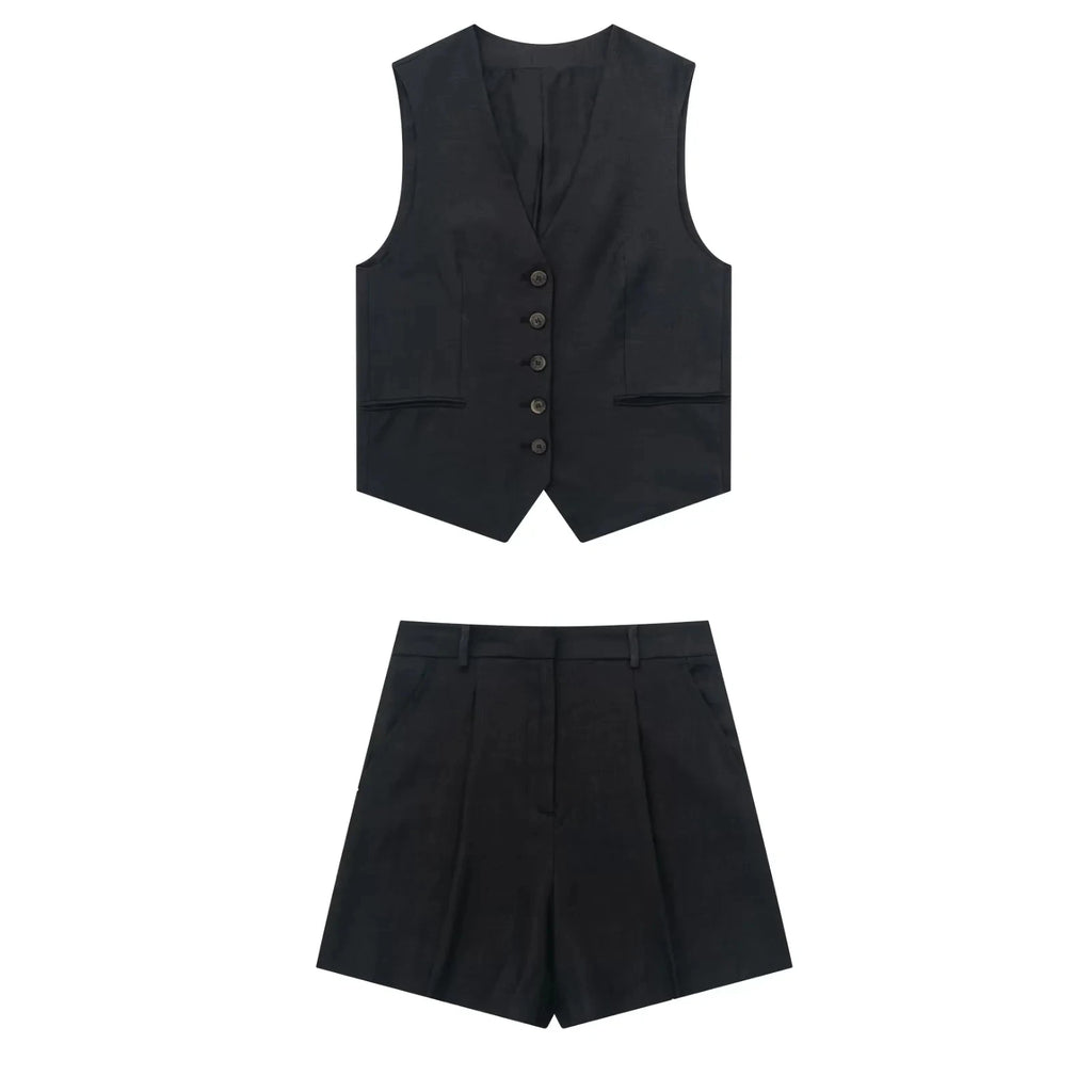 TRAFZA Women Elegant Solid Waistcoat Pant Sets Single Breasted V Neck Vest Top + High Waist Slim Shorts Lady Office Wear Suits