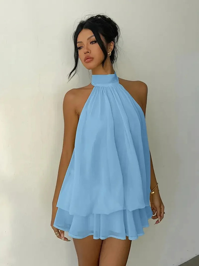 Women’s Backless Halter Neck Dress – Tie‑Front Chiffon Sheer Mini Skirt, Sexy Y2K Vintage Party Dress