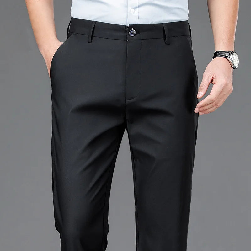 Men’s Stretch Smart Casual Pants – Solid Black Quick‑Dry Office Trousers, Korean Straight Fit for Spring & Autumn