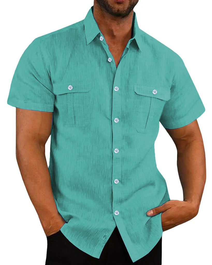 Men’s Summer Short‑Sleeve Shirt – Solid Color Fashion Top with Two Chest Pockets, Outdoor Casual Cardigan Style
