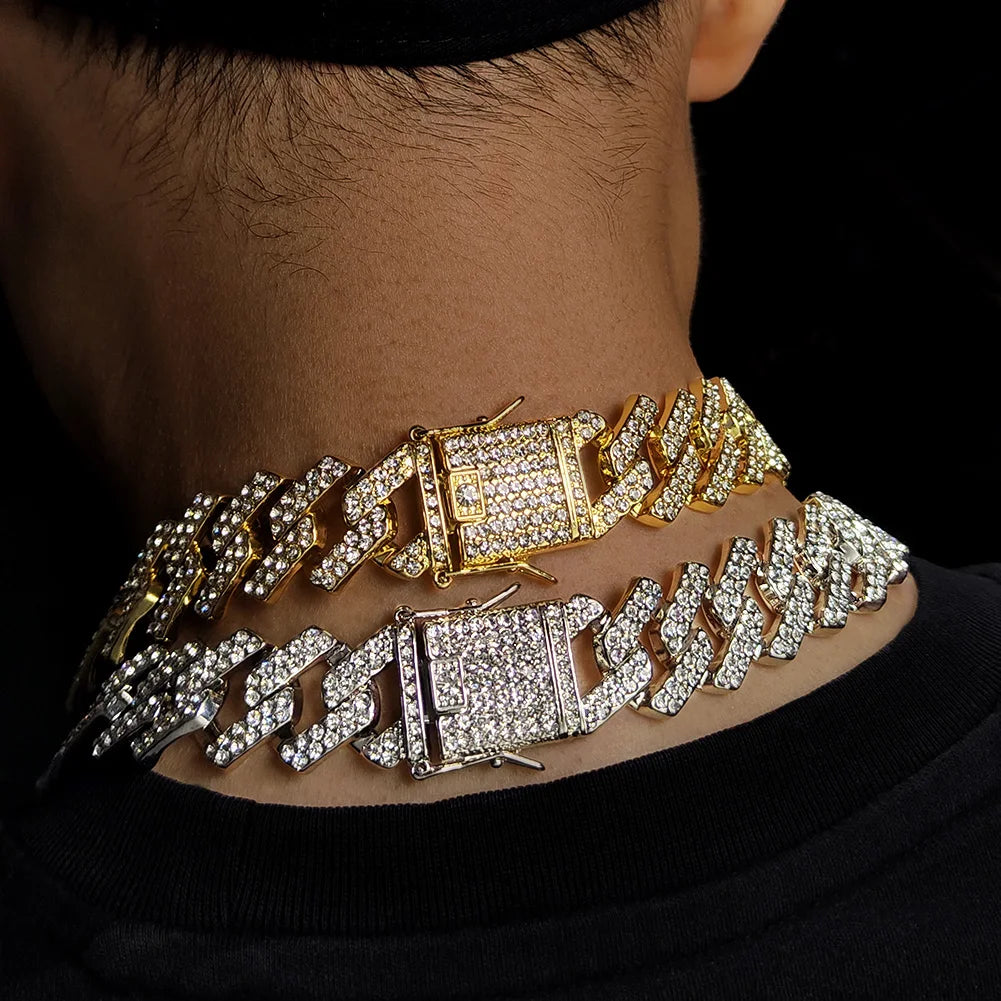 HipHop Men Iced Out Cuban Link Chain Necklace 13/14/20MM Gold Silver Color AAAA+ Rhinestone Cuba Necklace Men's Birthday Jewelry