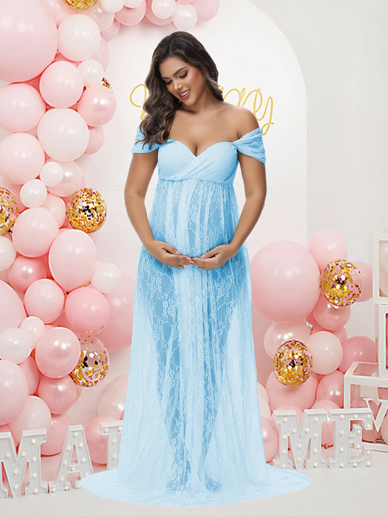 Maternity Summer Lace Sexy Long Dress Off-Shoulder High Waist Slit For PhotoShoot Baby Shower Pregnancy Women Bohemian Gown
