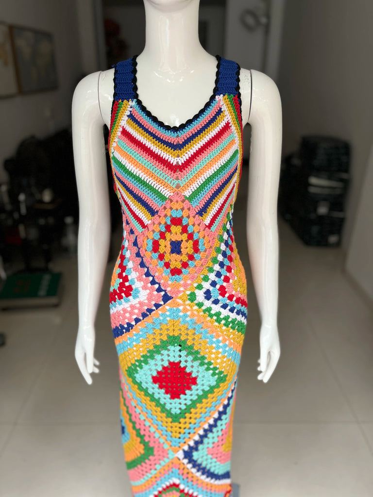 Women’s Summer Boho Handmade Crochet Maxi Dress — Colorful Racerback Knit Long Cover‑Up for Vacation & Beachwear