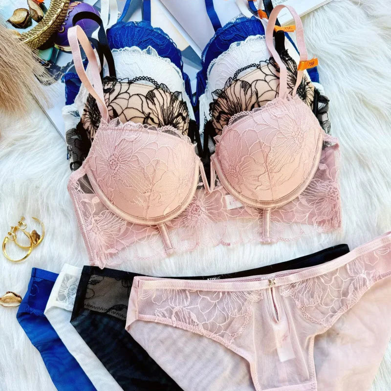 Big Size 70-85 BCD 2025 New Embroidery Deep-V Neck Lingerie For Women Sexy Underwear Thin Thicken Push Up Female Bra Pants Sets