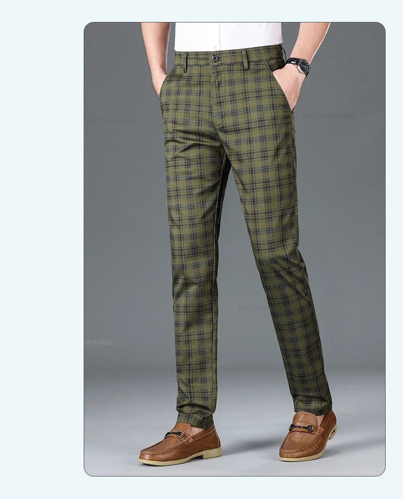 Slim‑Fit Plaid Cotton Pants