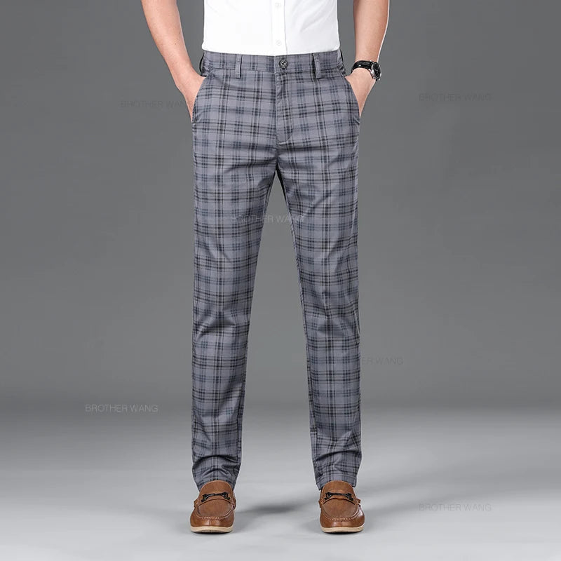 Slim‑Fit Plaid Cotton Pants