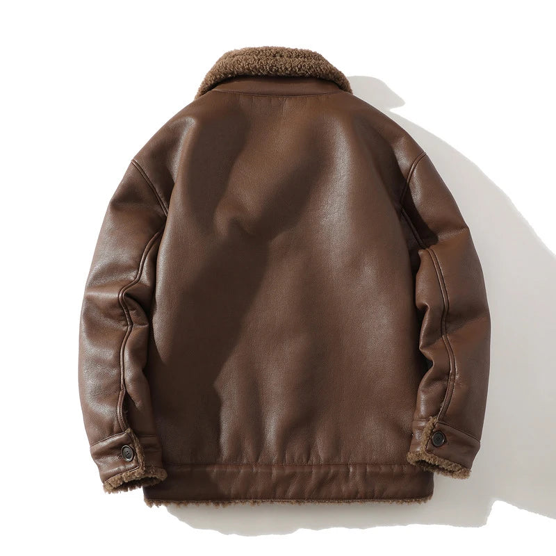 Schinteon Men Suede Leather Jacket Autumn Winter Warm Thick Casual Outwear Faux Lamb Wool Fur Solid Color Turn-down Collar Coat