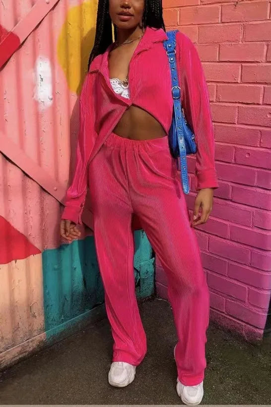 CM.YAYA Street Women's Set Long Sleeve Shirt Tops and Wide Leg Pants Elegant Tracksuit Two Piece Set Sweatsuit Fitness Outfits
