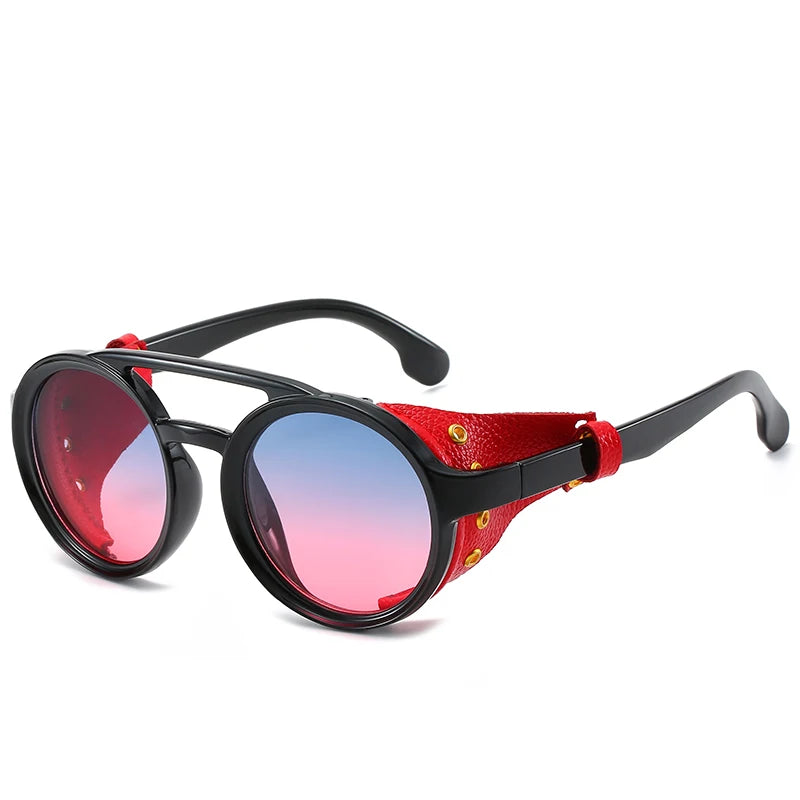 Steampunk Shields Sunglasses Men Women Classic Sun Glasses With Side Leather Round Eyewears Punk UV400 Lens
