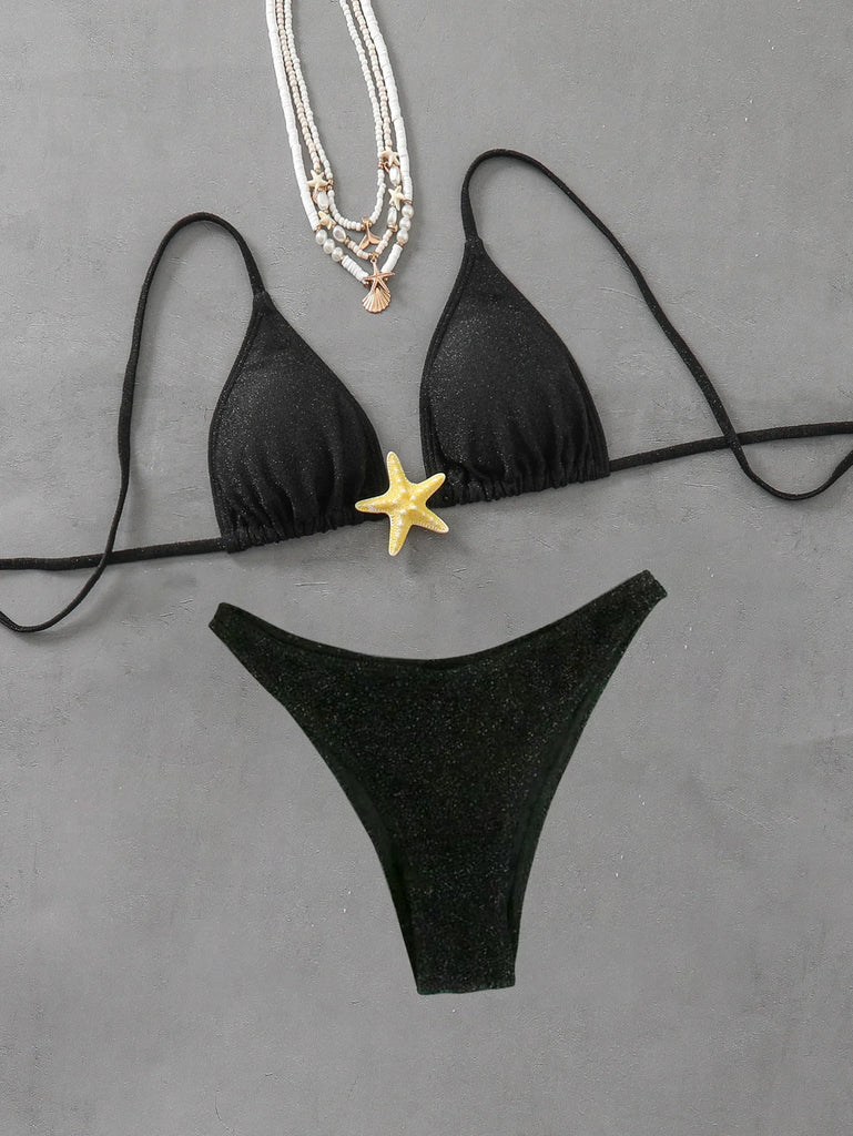 2026 New Sexy Halter Bikini Set Starfish Accessories Swimwear Women's Swimsuit Beachwear Black Green Lacing Up Bathing Suit