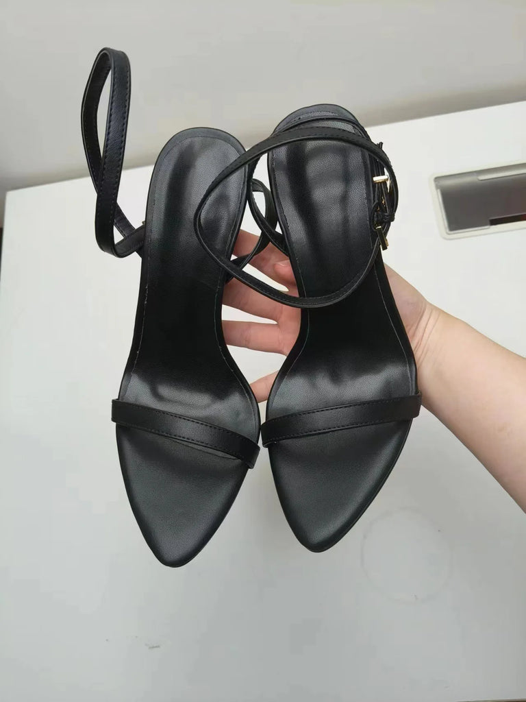 2025 New Sexy Gold Padlock High Heels One Word Buckle Open Toe Thin Heels Leather Shoes Ankle Strap Gladiator Sandal 44