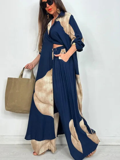 Spring Summer Elegant Lady Set Fashion Printed Long Shirt Top + Wide Leg Pants 2-piece Outfit  Casual Loose Oversized Women Sets