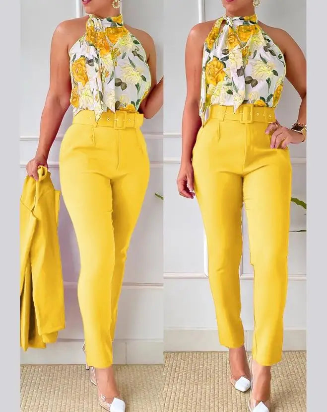 Colorful Women's Pants Suit Spring and Summer 2023 New Sleeveless Floral Print Hanging Neck Vest Belt High Waist Pants Suit