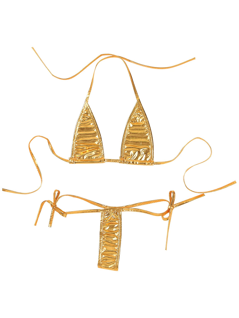 Women’s Metallic Shiny Bikini Set – Lacing Brazilian Micro Swimsuit with Triangle Top & G‑String Bottoms