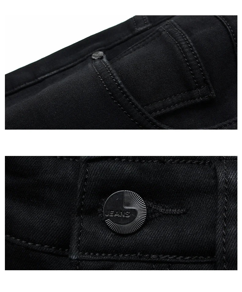 Men’s Stretch Black Biker Jeans – Classic Spring/Autumn Soft Denim Pants | Fashion Slim/Regular Fit Trousers