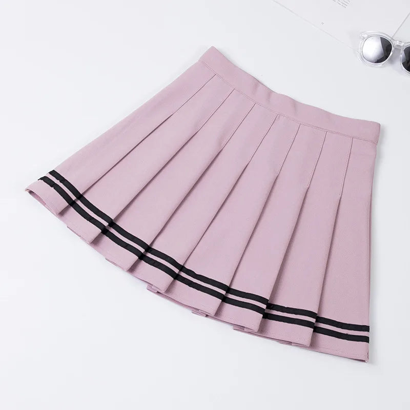 High‑Waist Elastic Patchwork Striped Pleated Mini Skirt