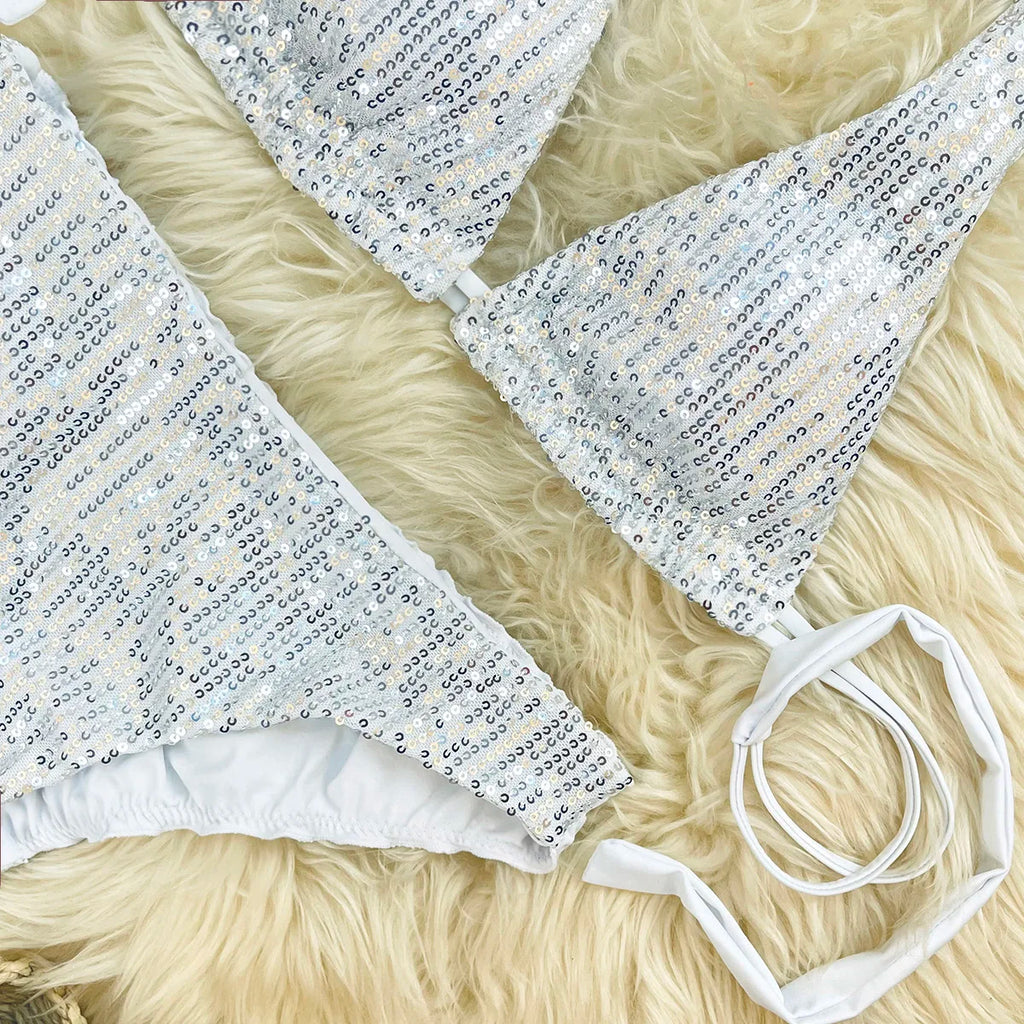 Melphieer Sequins Sparkle Bikini Set — Strappy Bandage Ruching Bum Two‑Piece Swimsuit for Beach, Pool & Holiday Outfits