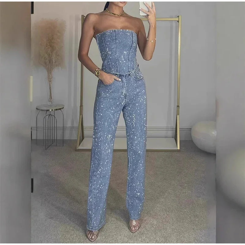 Sexy Women's Sparkling Rhinestone Denim Set Corset Shaping Crop Top Matching Slim Fit Jeans Party Clubwear Cowgirl Style 2pcs