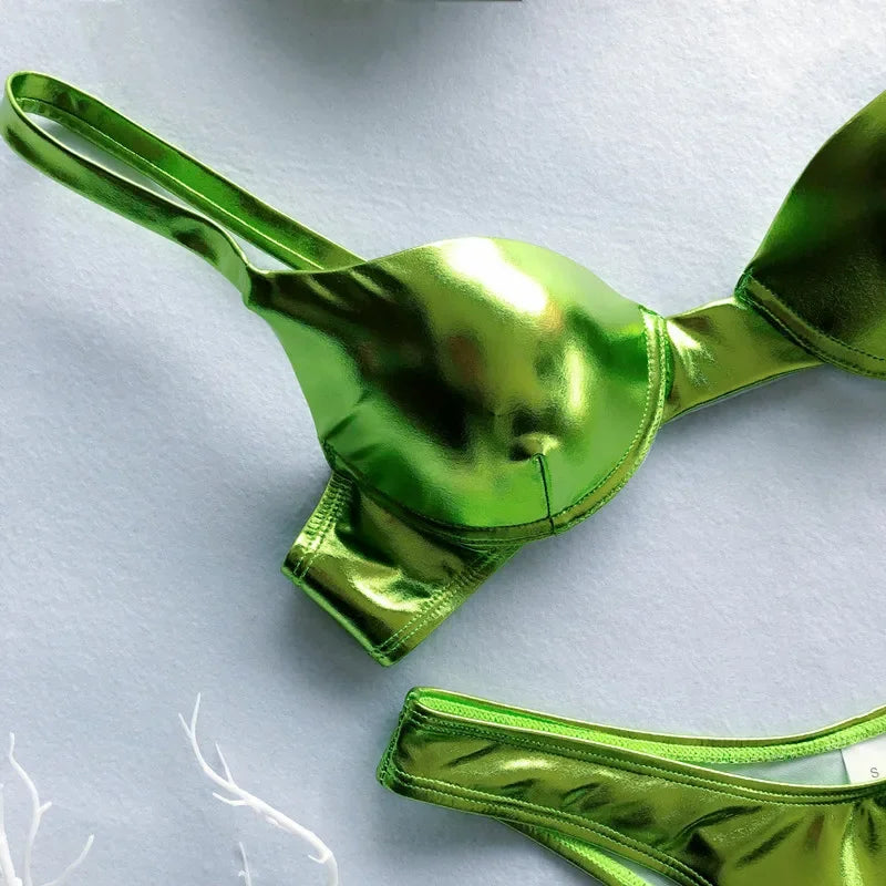 Metallic Push‑Up Thong Bikini