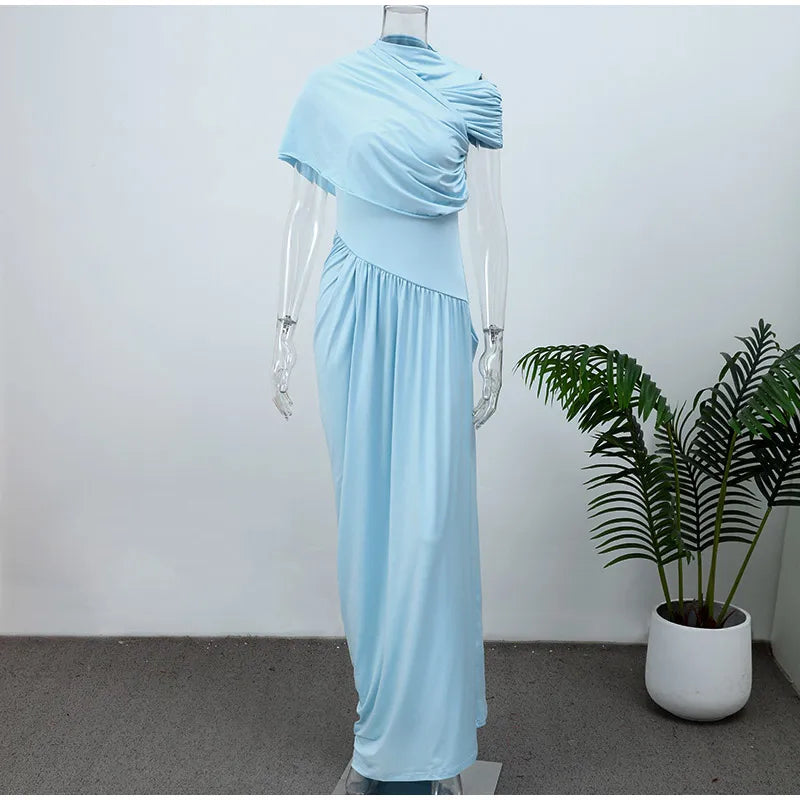 Irregular Shawl Blue Maxi Dress – Women’s 2025 Slim‑Fit Turtleneck Pleated Evening Party Dress