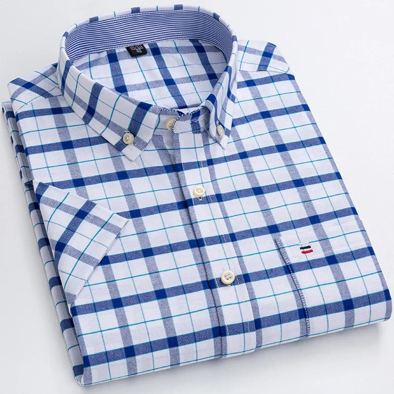 Men’s 100% Cotton Oxford Short‑Sleeve Shirt – Breathable Summer Plaid/Striped Business Casual (Regular/Oversized Fit)