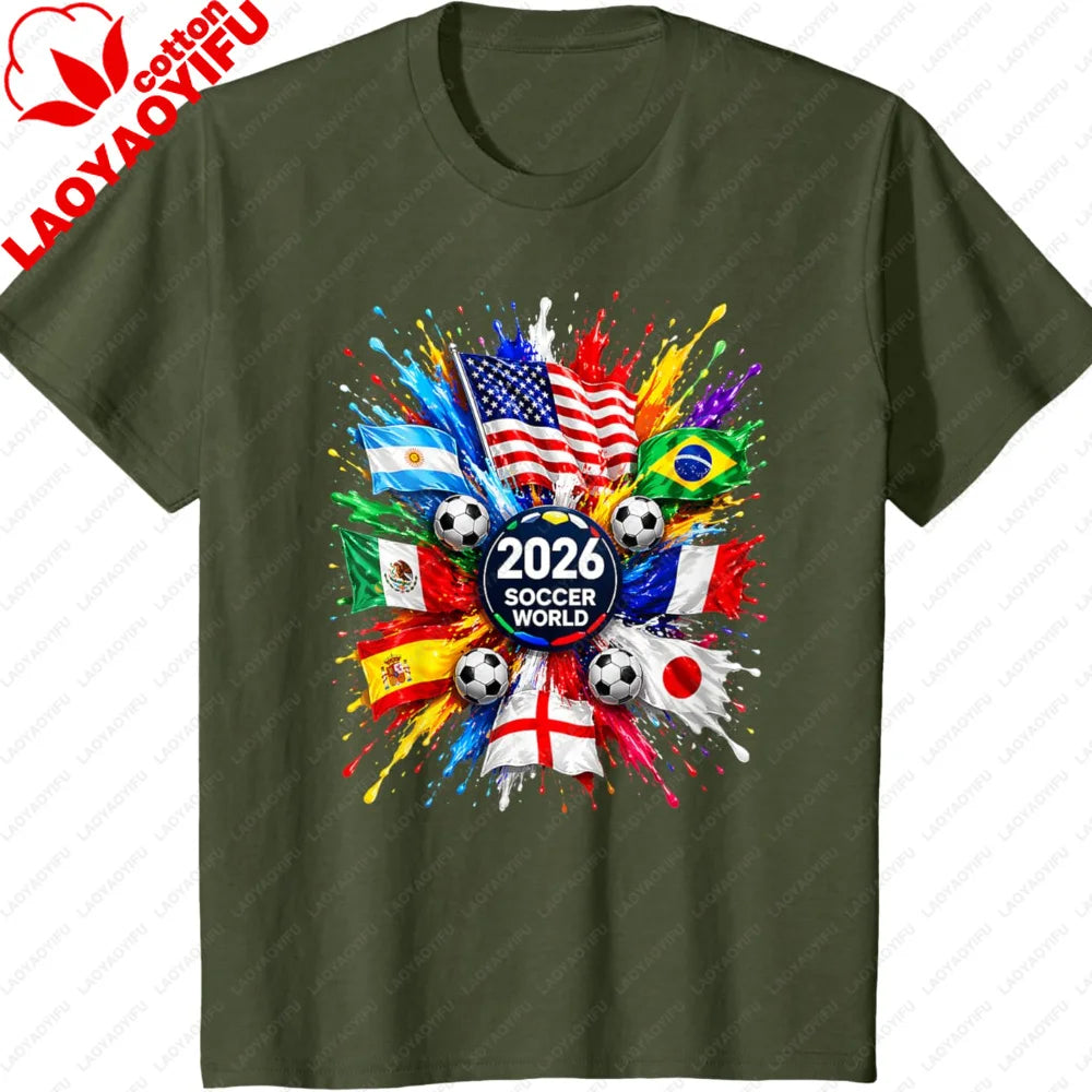 Men’s 2026 Soccer T‑Shirt — World Flag Color Splash Football Print Crew Neck Tee