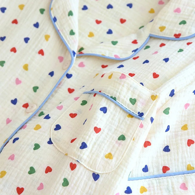 2024 Japanese Spring/Summer New Women's Pajama Set 100% Cotton Crepe Long Sleeve Colorful Hearts Thin Home Cute Pajamas Ladies