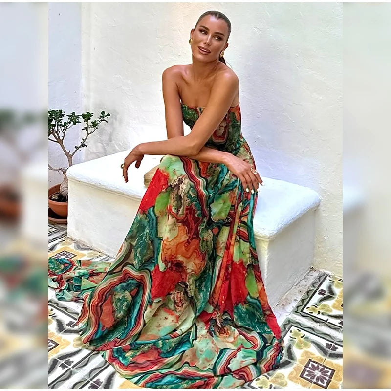 Pleated Waist Strapless Dress Women's New Printed Colorful Long Gown Elegant Fashionable Summer Vacation Party Robe 2025