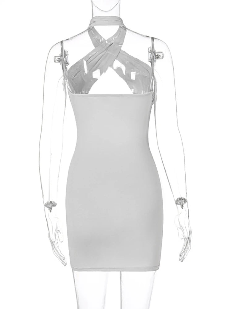 Sexy Cross Bandage Wrap Chest Front Hollow Out Slim Bodycon Dress Women Sleeveless Backless Mini Dress Club Party Vestidos