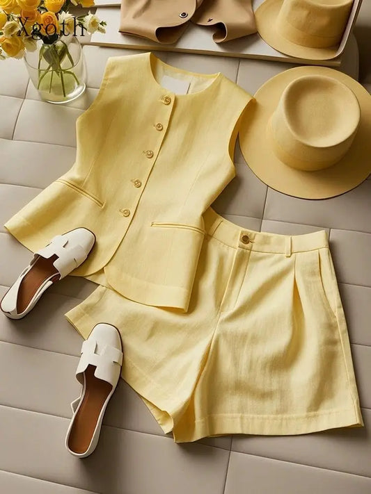 Xgoth Summer Fashion High end Yellow Vest High Waist Shorts Set Loose Casual Solid Color Commuter Two Piece Set Women Outfits