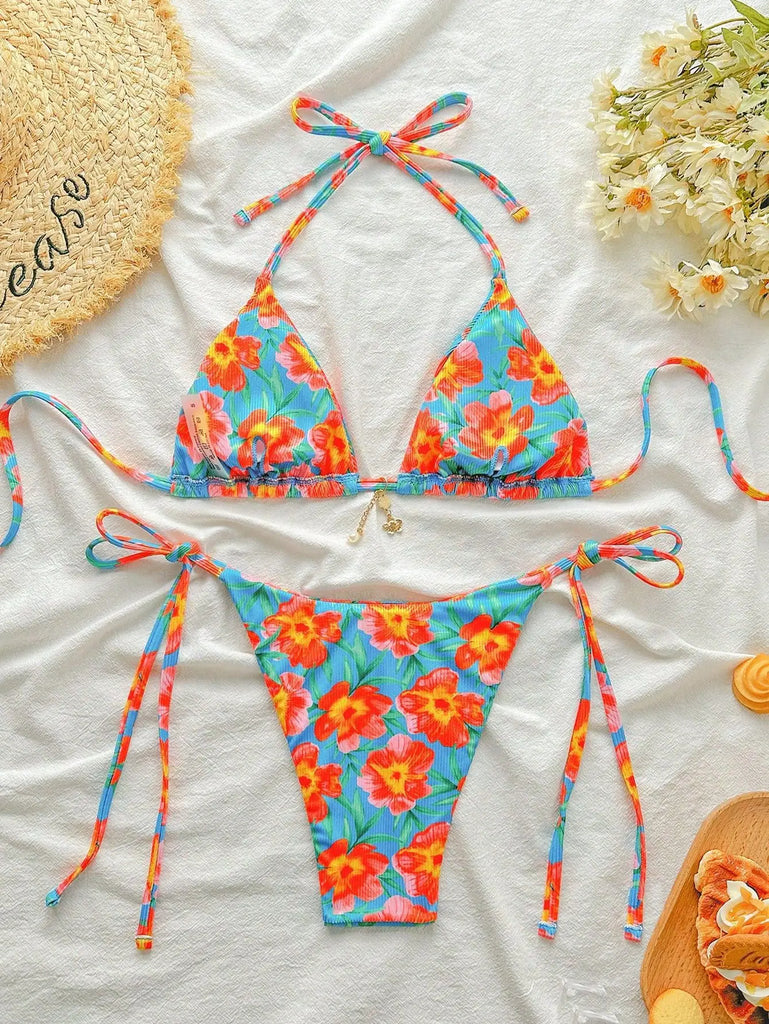 Floral Print Tie Side Bikini Set Women Sexy Trendy Cute Yet Sultry Premium Two Piece Swimsuit for Beach Hot Spring Vacation